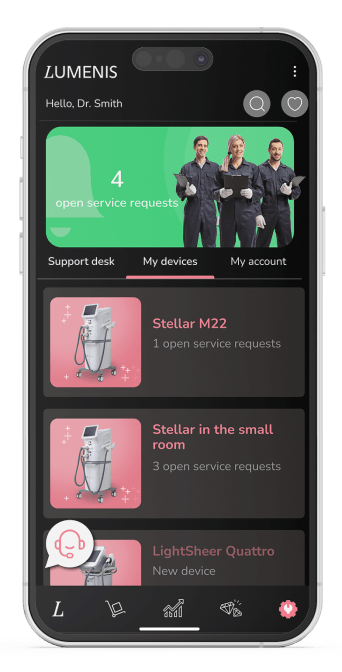 A smartphone screen with a support interface including a personalized notification and Lumenis device status