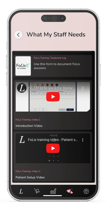 Smartphone screens displaying the Lumenis App interface, with training videos, clinical protocols, and demos